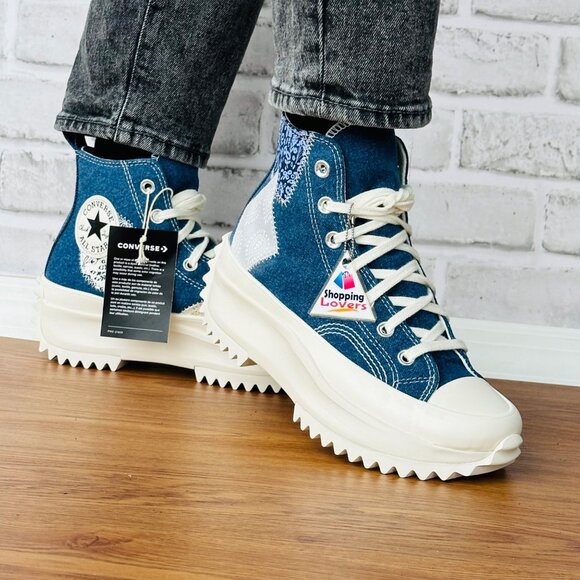 ❤️Rare Converse Run Star Hike Hi Platform 7 Womens Shoes Denim Patchwork A06823C - Picture 1 of 13